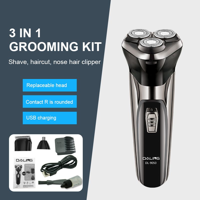 DALING-9050 Electric shaver, three-in-one multi-functional razor, high-power men's blade head, washable beard styling device, fast-charging shaving head magic tool, wholesale for export