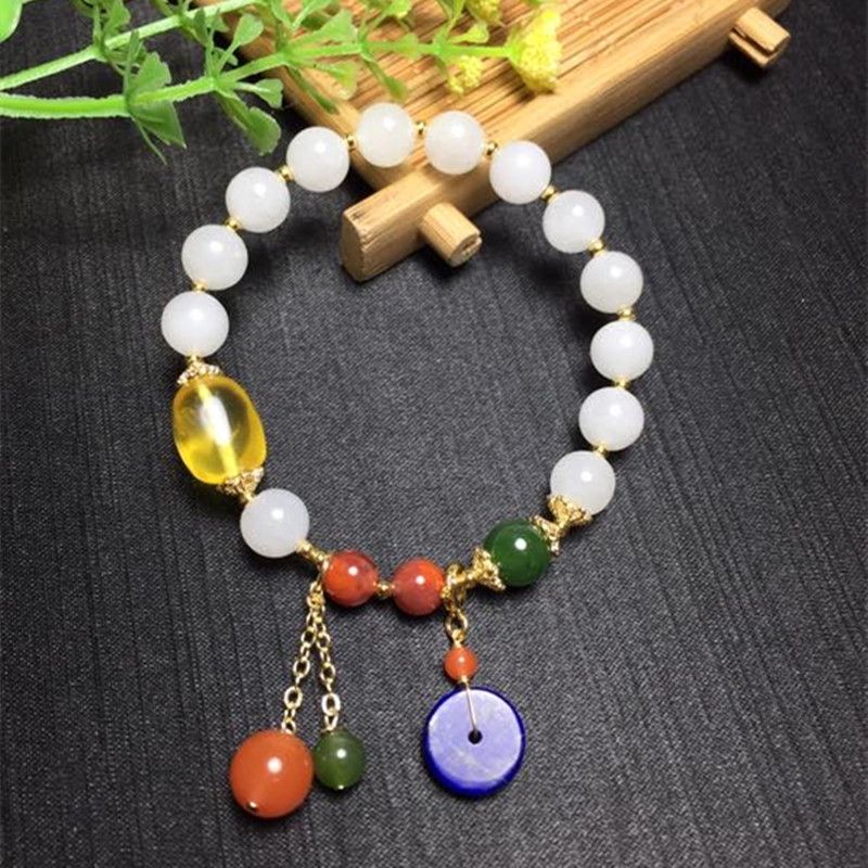 亮彩晶珠宝 天然和田白玉手链 青金 南红小吊坠 小巧精致
