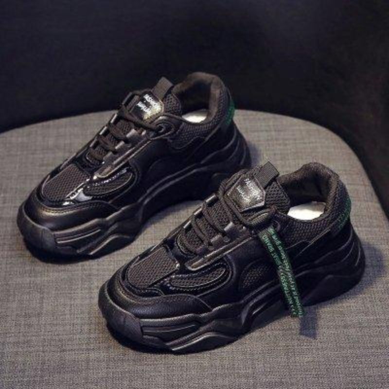 小黑鞋女职业软底夏季透气老爹鞋百搭黑色运动鞋厚底轻便跑步鞋子