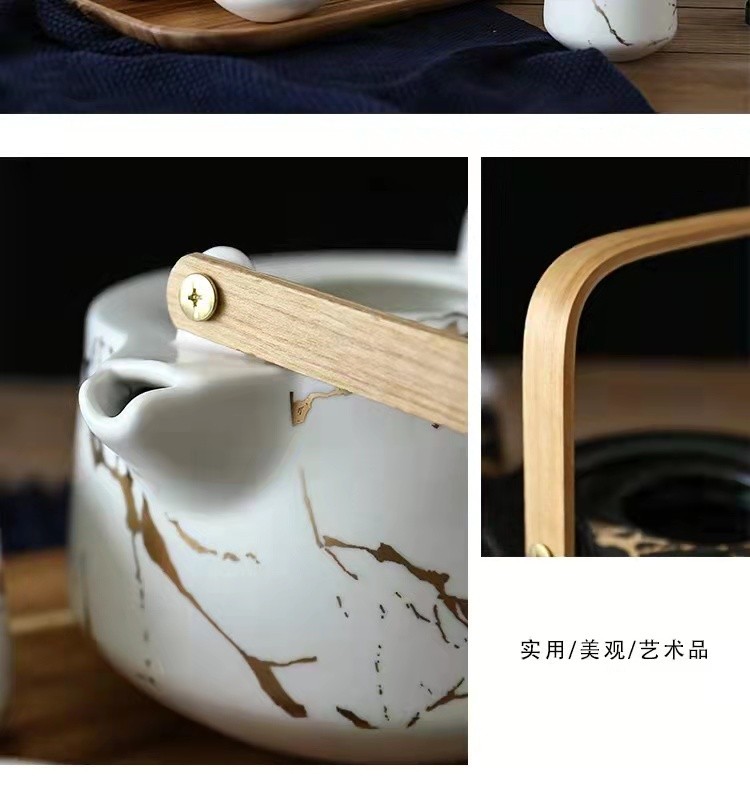 大理石纹家用茶具套装 日式黑白陶瓷下午茶杯配相思木底托 茶壶详情图16