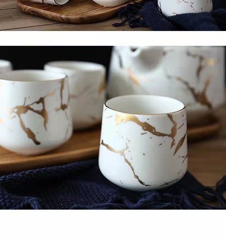 大理石纹家用茶具套装 日式黑白陶瓷下午茶杯配相思木底托 茶壶详情图18
