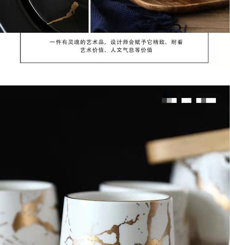 大理石纹家用茶具套装 日式黑白陶瓷下午茶杯配相思木底托 茶壶详情图6