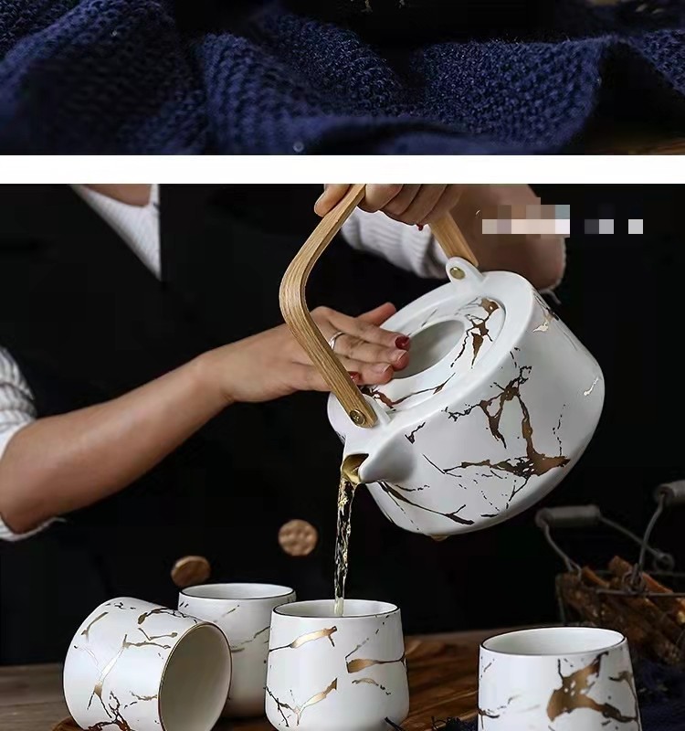 大理石纹家用茶具套装 日式黑白陶瓷下午茶杯配相思木底托 茶壶详情图13