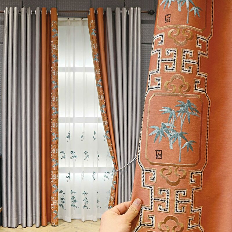 新中式窗帘无缝拼接花鸟山水中国风现代客厅卧室书房遮光高精密图