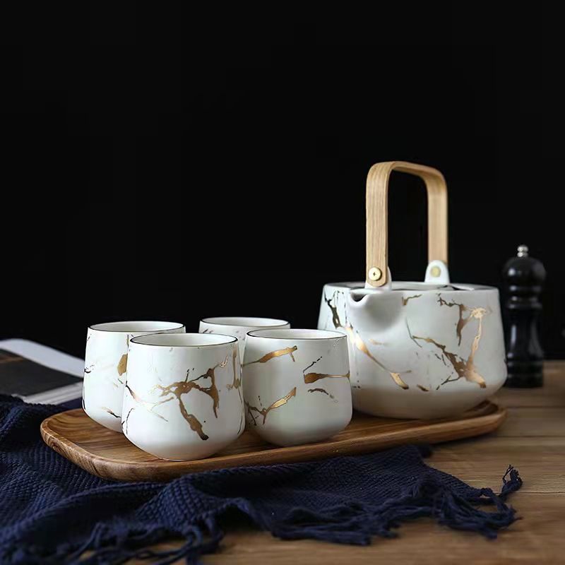 Marble-patterned household tea set: Japanese black and white ceramic afternoon tea cup with acacia wood base teapot Item Picture
