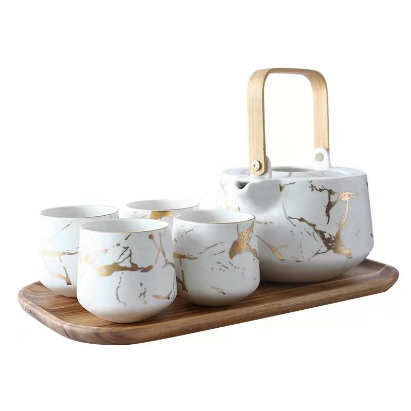 Marble-patterned household tea set: Japanese black and white ceramic afternoon tea cup with acacia wood base teapot Specification image