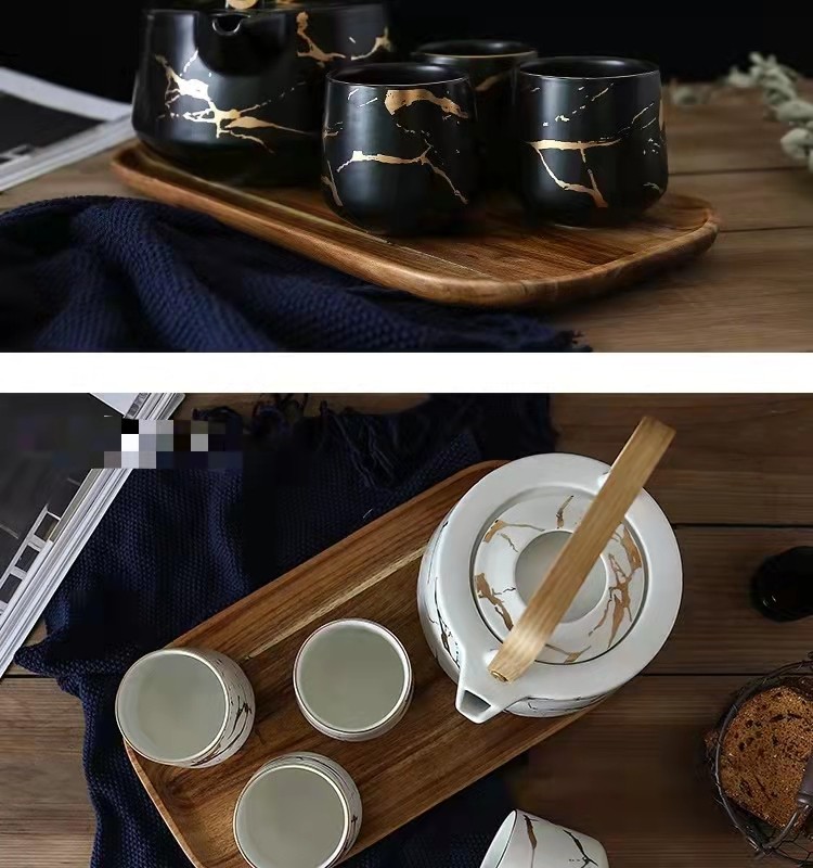 大理石纹家用茶具套装 日式黑白陶瓷下午茶杯配相思木底托 茶壶详情图15