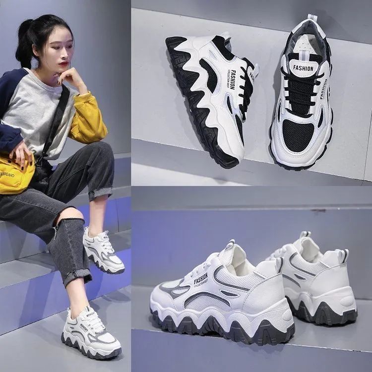 春款ins厚底老爹鞋女2021春夏新款网面透气休闲增高底轻便运动鞋白底实物图