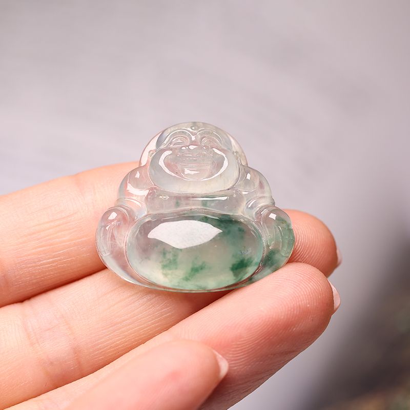 冰种飘蓝花/佛公吊坠/翡翠冰种吊坠白底实物图