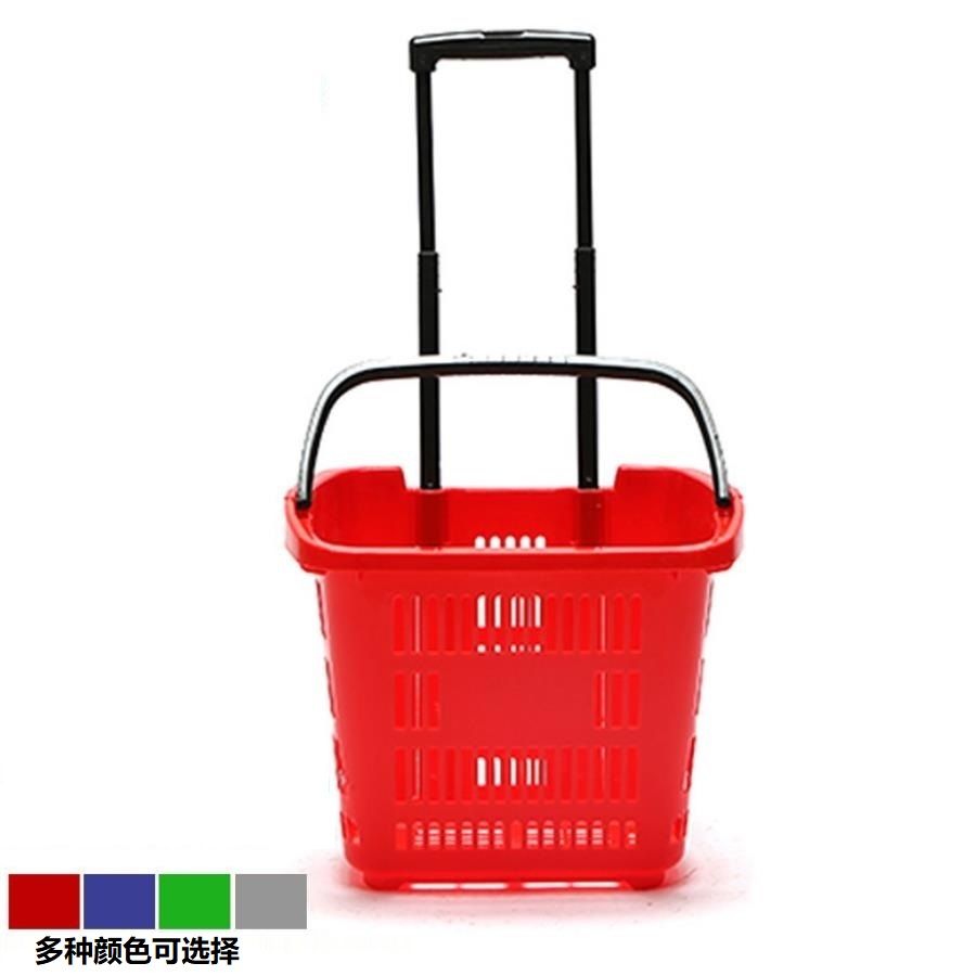 Two wheels double pull rod supermarket plastic shopping basket Supermarket shopping basket plastic shopping basket