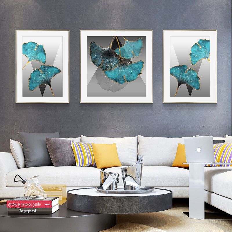 Gold Light Flow Leaf Modern Simple Living Room Decorative Painting Sofa Background Wall Hanging Light Luxury Triptych Abstract Gilt Line Mural details Picture