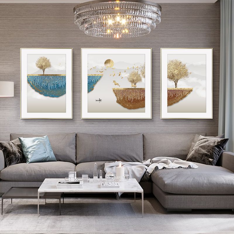 View Longshan Modern Simple Living Room Decorative Painting Sofa Background Wall Hanging Light Luxury Triptych Abstract Gilt Line Mural details Picture