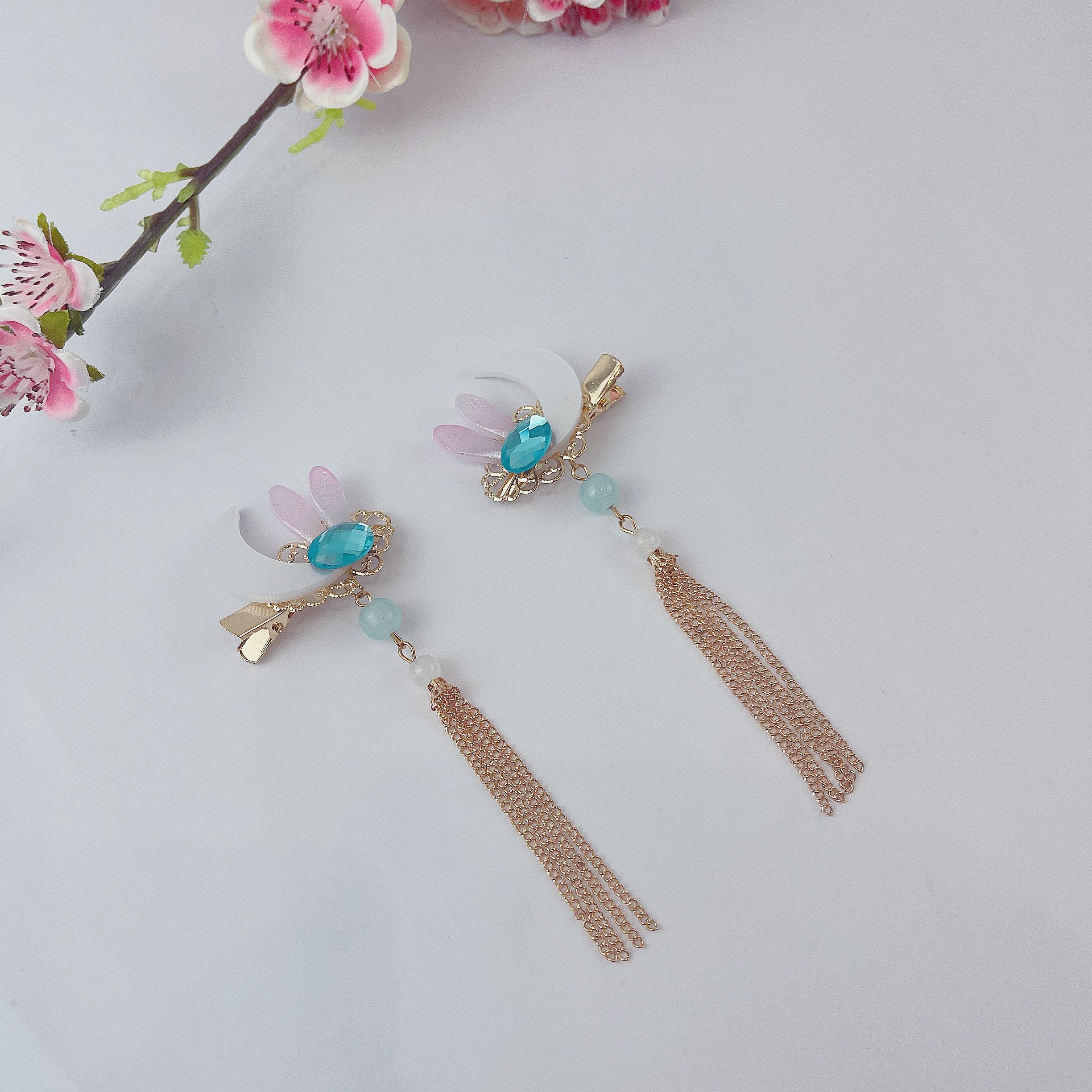Hairless Hanfu versatile Chinese-style accessories - Chinese-style - Crescent Moon Jade Rabbit pair details Picture