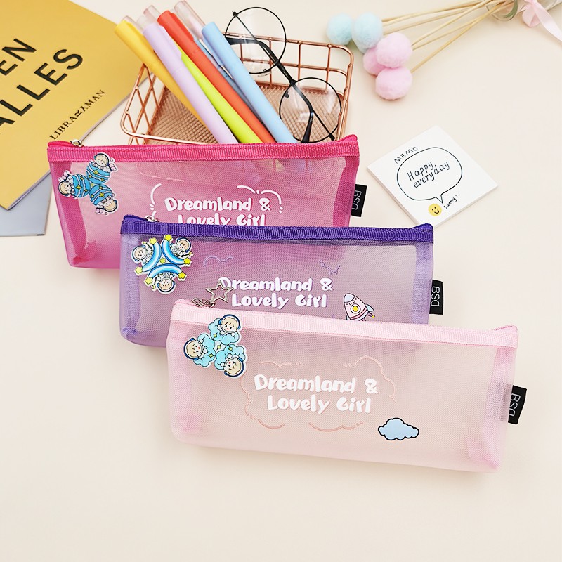 1065#厂家直销学生笔袋 优质尼龙网纱笔袋 赠送陀螺一个详情图1