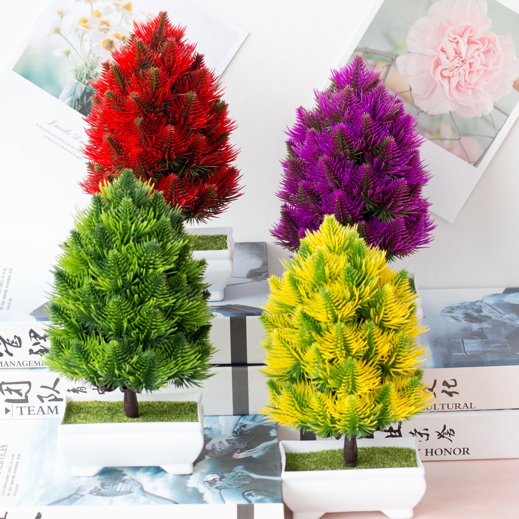Wholesale artificial pine tree plant bonsai, plastic green plants, artificial flowers, potted plants, small home decorations, desktop ornaments Item Picture