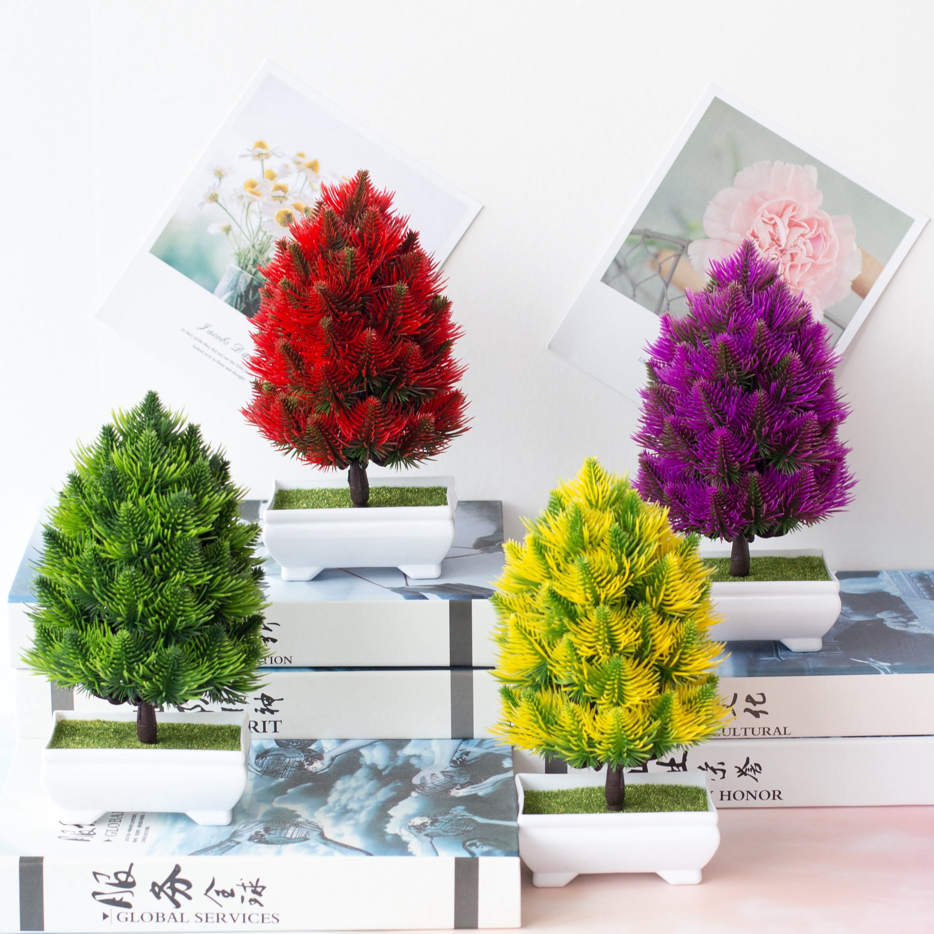 Wholesale artificial pine tree plant bonsai, plastic green plants, artificial flowers, potted plants, small home decorations, desktop ornaments detail image 3