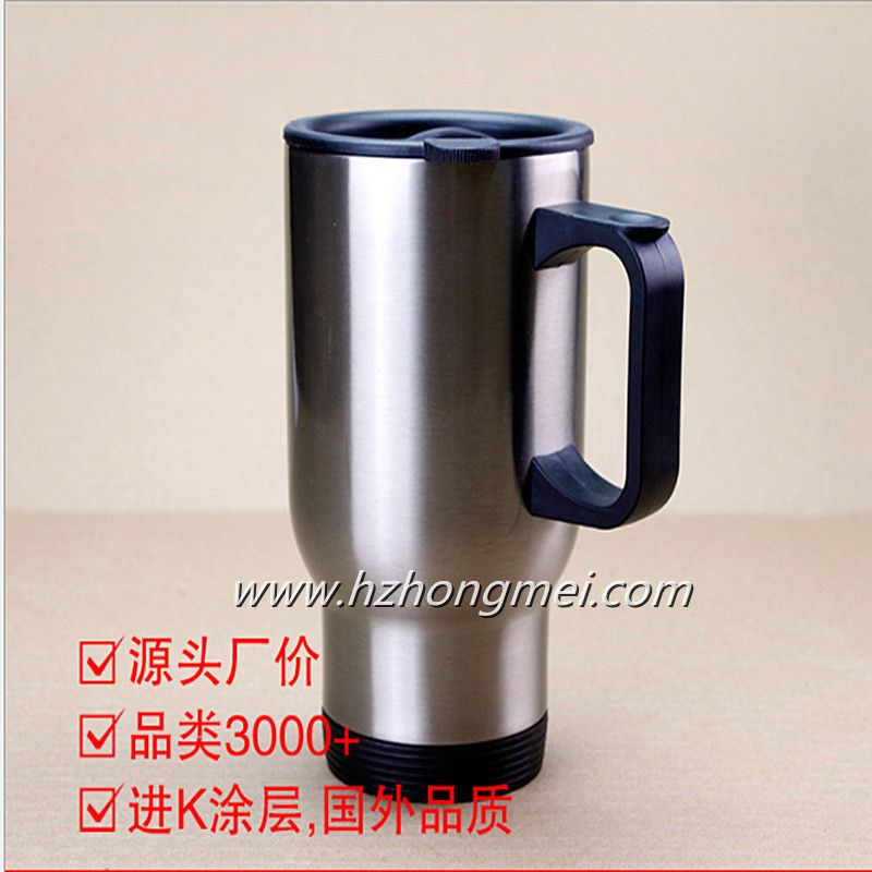 厂价直销热转印双层不锈钢汽车杯银色白色不锈钢带手柄汽车杯水杯