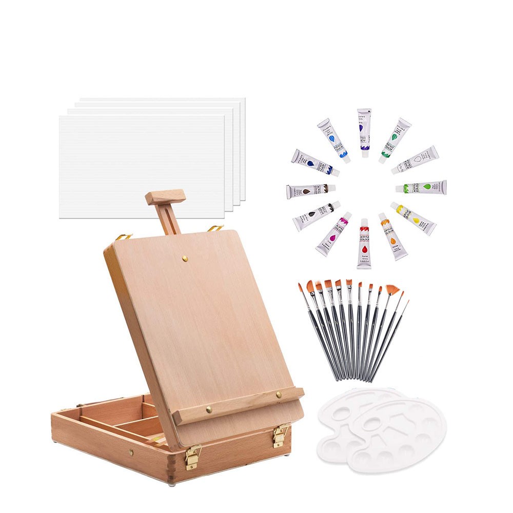Hot-selling artist portable desktop art easel set with brush acrylic color palette set detail image 1