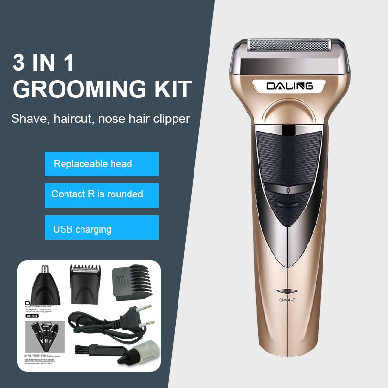 DALING-9045 Three-in-one Shaver, reciprocating electric rechargeable razor, multi-functional Hairdresser, Nose Hair Razor, Gold set, wholesale for export, three-in-one shaver, hairdresser, nose hair razor