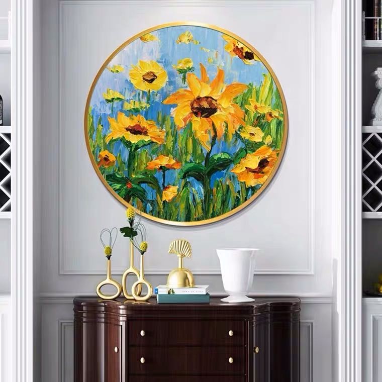芬特圆形油画向日葵系列手绘油画意式极简挂画客厅玄关书房抽象现代简约走廊背景墙挂画详情4