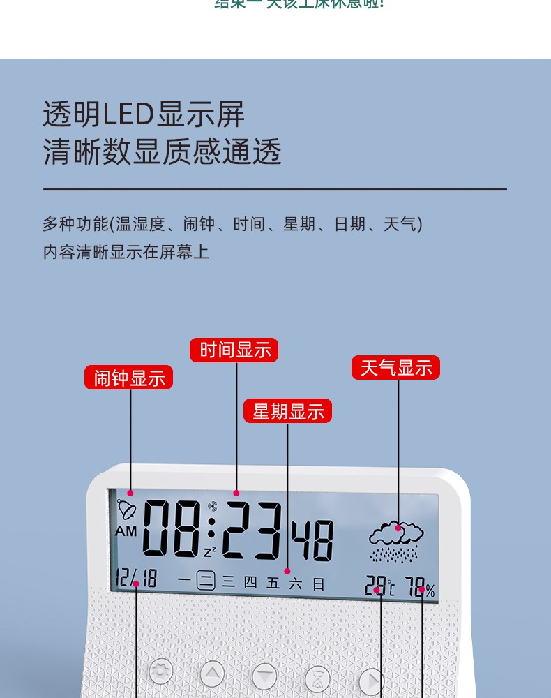 新款简约闹钟LED床头静音电子钟闹铃温度湿度日历显示详情11