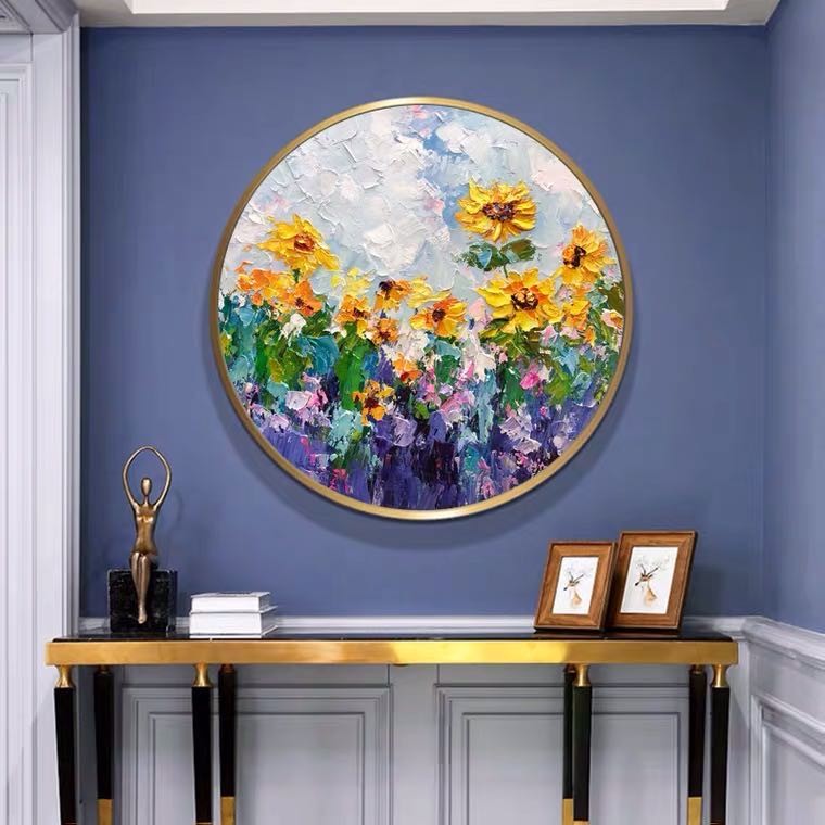 芬特圆形油画向日葵系列手绘油画意式极简挂画客厅玄关书房抽象现代简约走廊背景墙挂画详情5