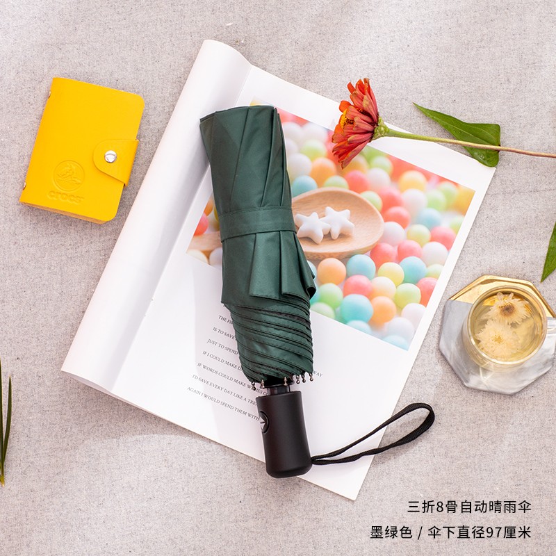 97cm three-fold manual dark green umbrella for students, sunshade and wind protection, girl's heart, black rubber sun protection, folding and reinforcement, suitable for both sunny and rainy days detail image 5