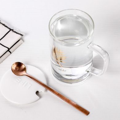新款高硼硅玻璃杯带盖单层办公室喝水杯子带勺咖啡杯定制厂家批发详情图1