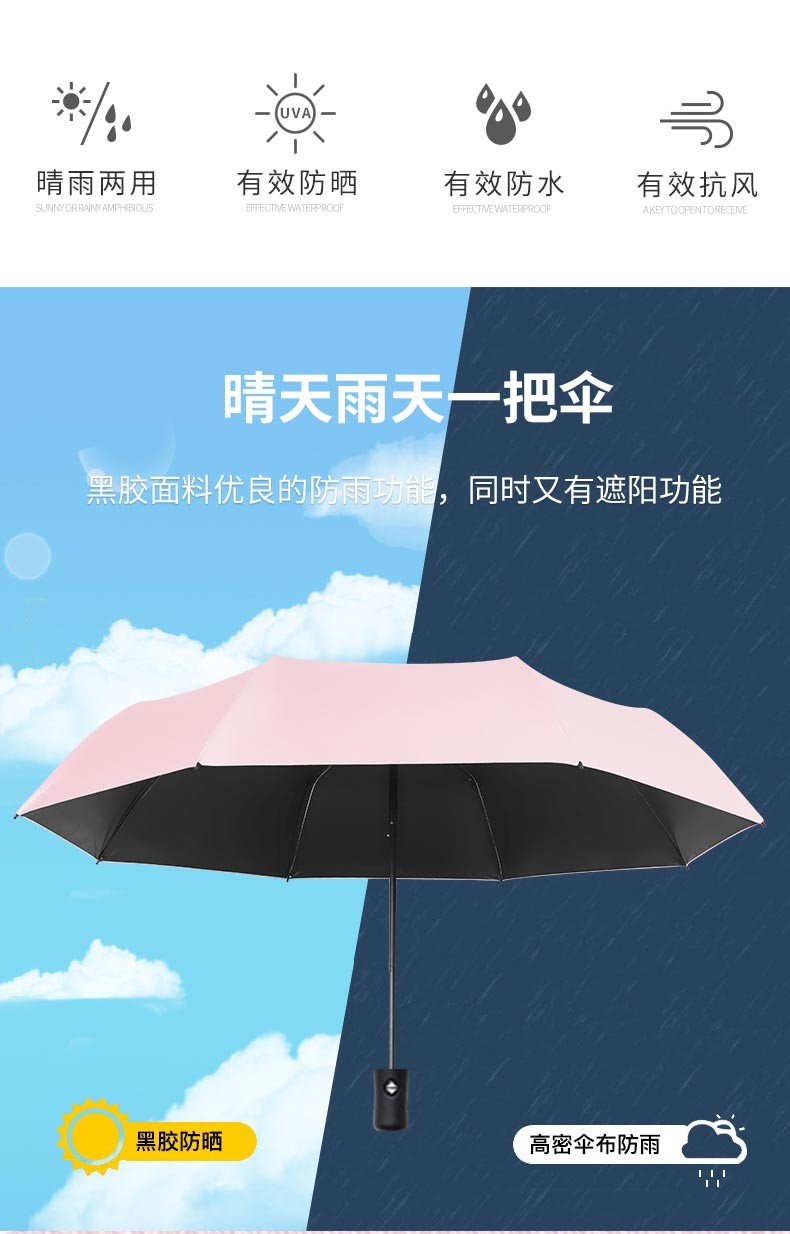 97cm three-fold manual dark green umbrella for students, sunshade and wind protection, girl's heart, black rubber sun protection, folding and reinforcement, suitable for both sunny and rainy days detail image 8