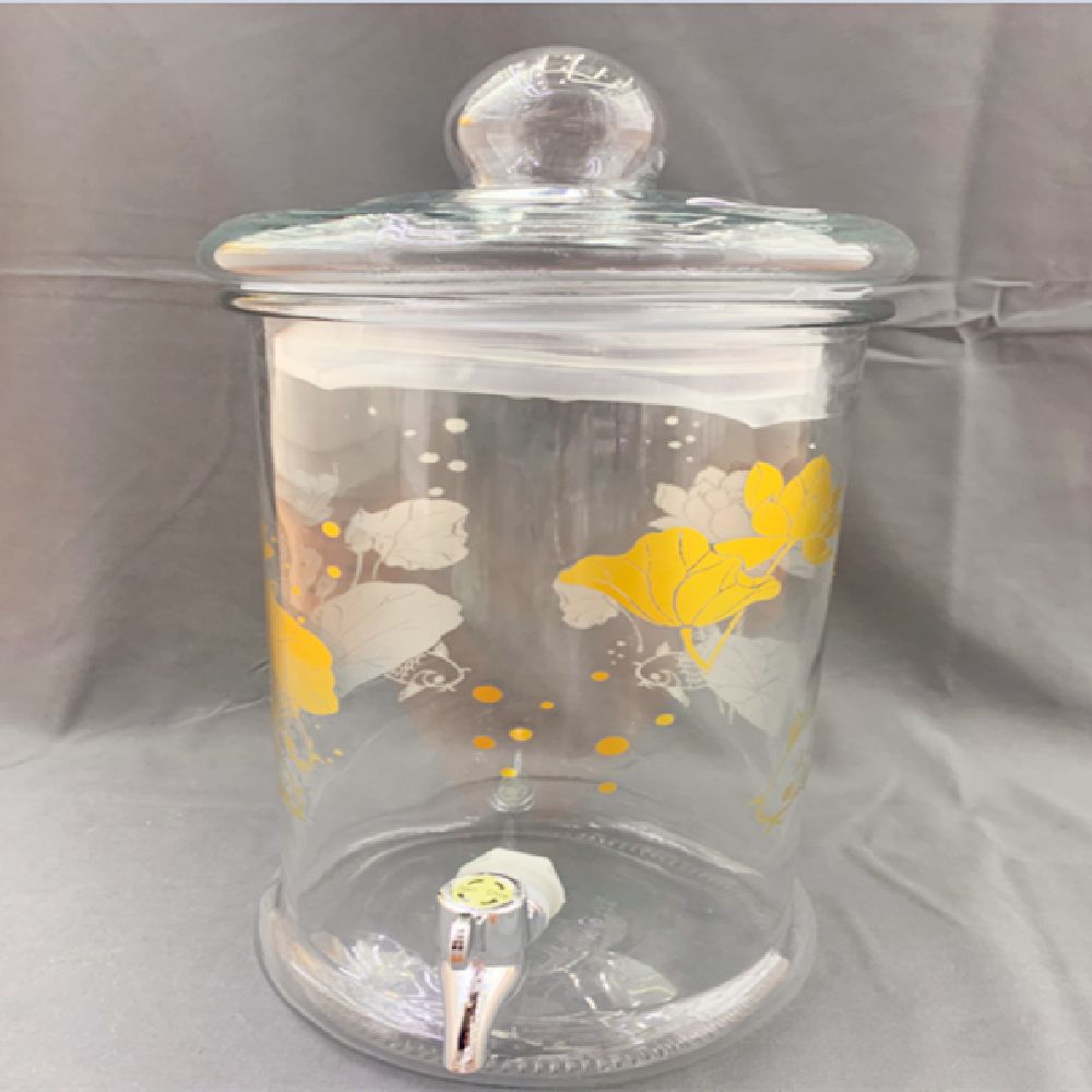 8L泡酒瓶烫金烤花 玻璃盖，塑料内塞，瓶身烤金色花纸，荷花，打孔+镀银水嘴
