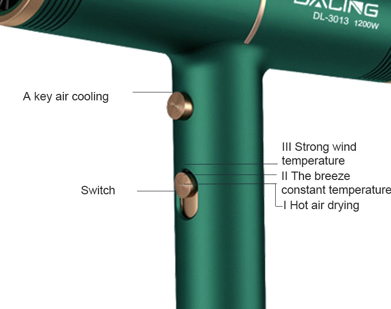 DALING-3013 hair dryer for household use, blue light negative ion hair care, long tube air outlet, dual concentrated air outlet, 1200W high power, constant temperature, quick drying, cold and hot air, wholesale for export detail image 9