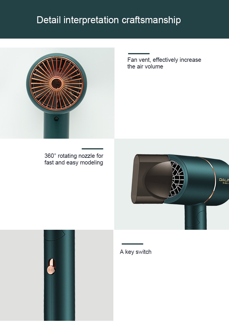 DALING-3012 hair dryer, household blue light negative ion hair care hair dryer, foldable and portable, 1400W high-power constant-temperature quick-drying cold and hot air dryer, wholesale for export pic 11