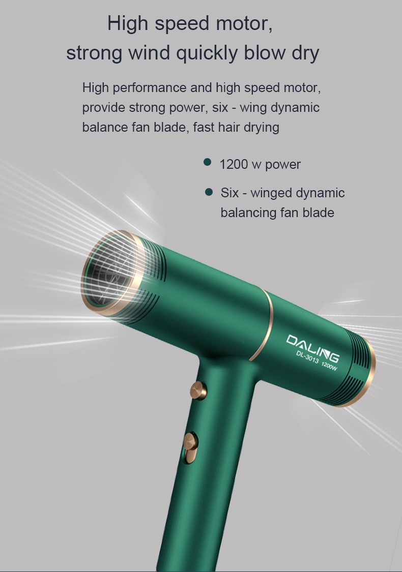 DALING-3013 hair dryer for household use, blue light negative ion hair care, long tube air outlet, dual concentrated air outlet, 1200W high power, constant temperature, quick drying, cold and hot air, wholesale for export detail image 7