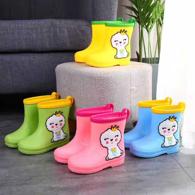 可爱毛毛狗女童雨鞋雨靴防水包边多色可选黄绿粉蓝图