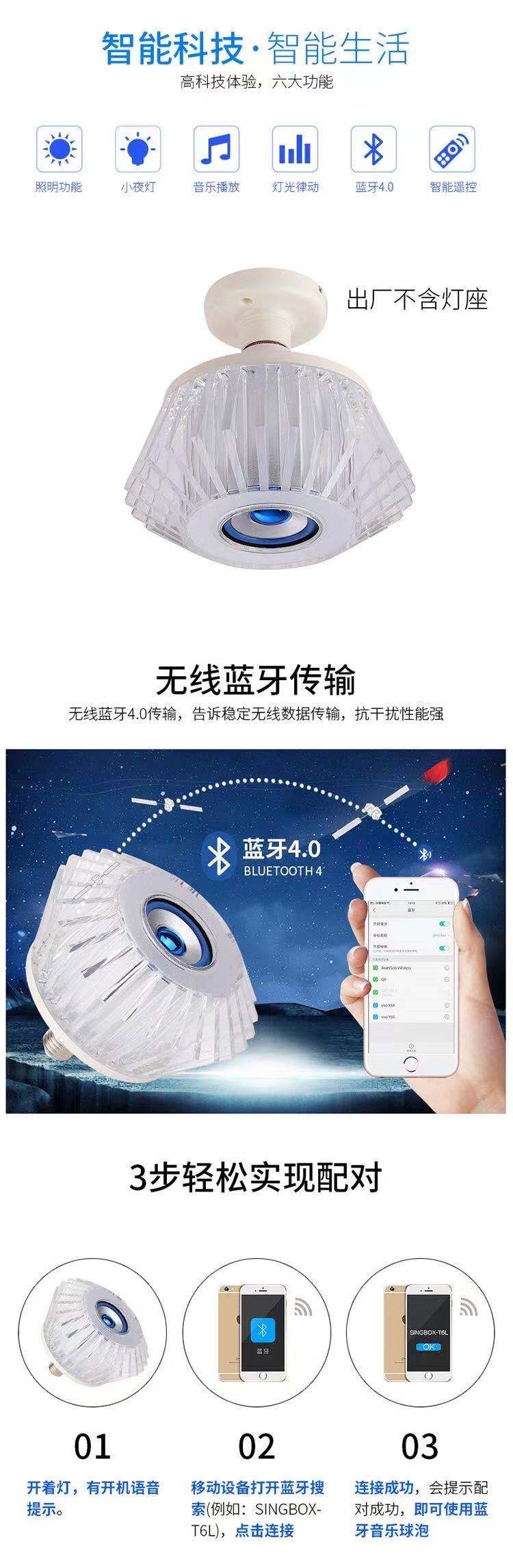 LED舞台灯七彩水晶蓝牙音响灯泡RGB智能遥控调光LED氛围灯 详情图3