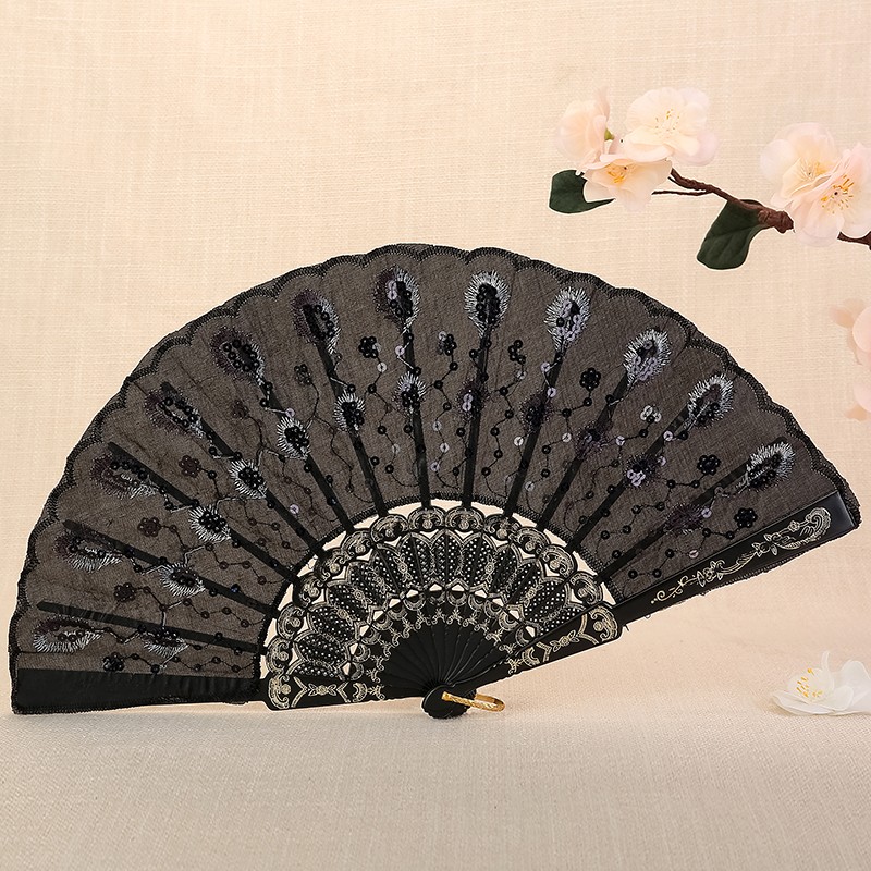 风来棠0011黑杆羽毛亮片扇子咏春扇跳舞扇子折扇孔雀易开合扇民族爵士女道具扇工艺扇详情1