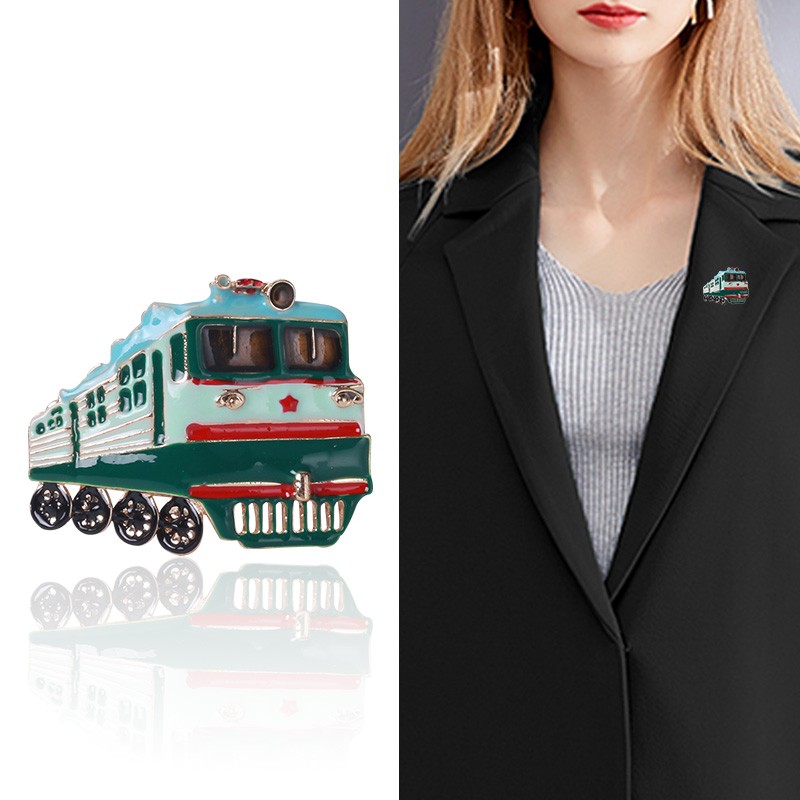 新款小众设计合金珐琅绿皮火车胸针时尚百搭男士服饰胸花饰品别针详情图2