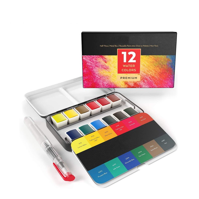 亚马逊热销铁盒12色水彩固体颜料带色卡固体水粉颜料详情图1