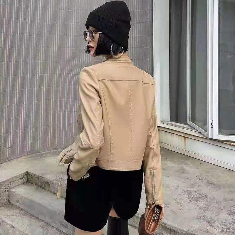Short Korean-style motorcycle leather jacket for autumn 2021 details Picture