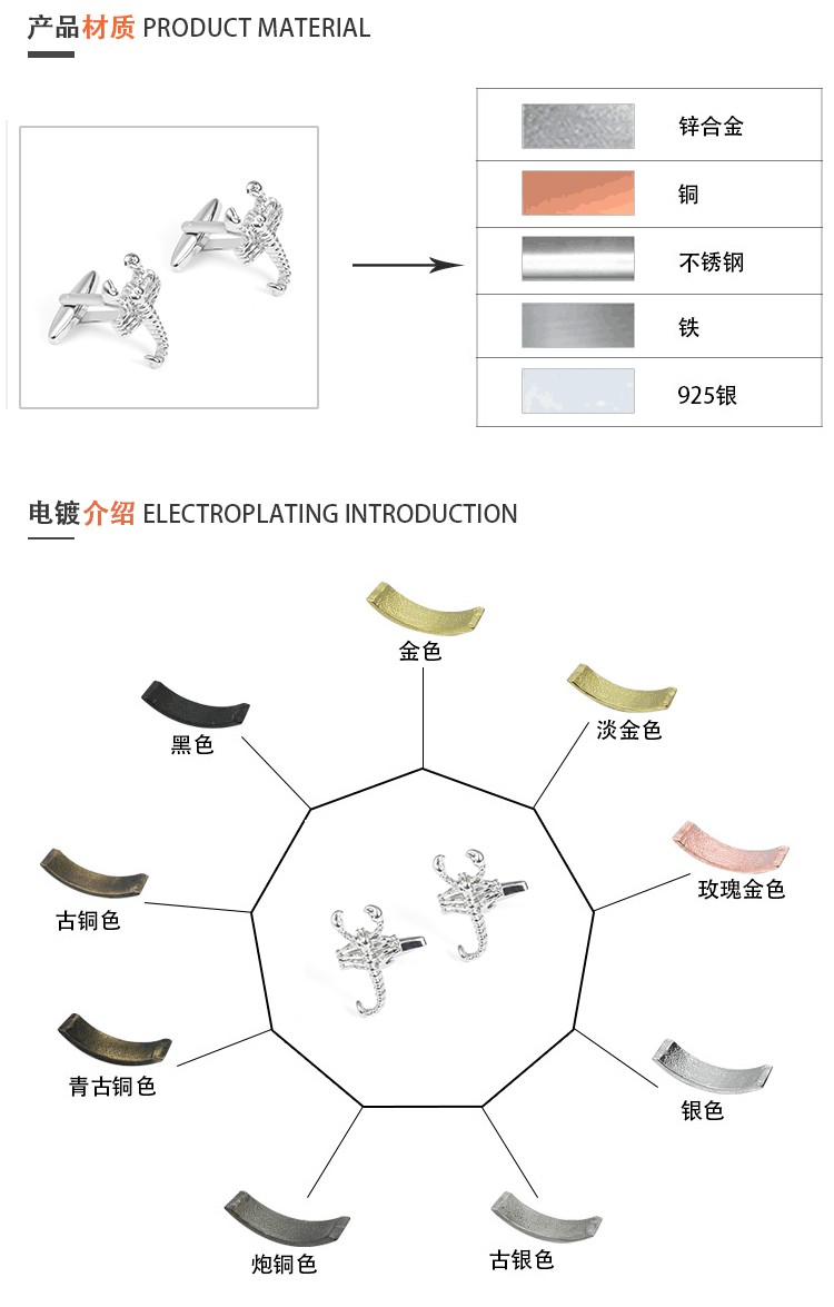 现货批发蝎子造型袖扣 跨境出口外贸亚马逊热销法式袖扣定制详情图4