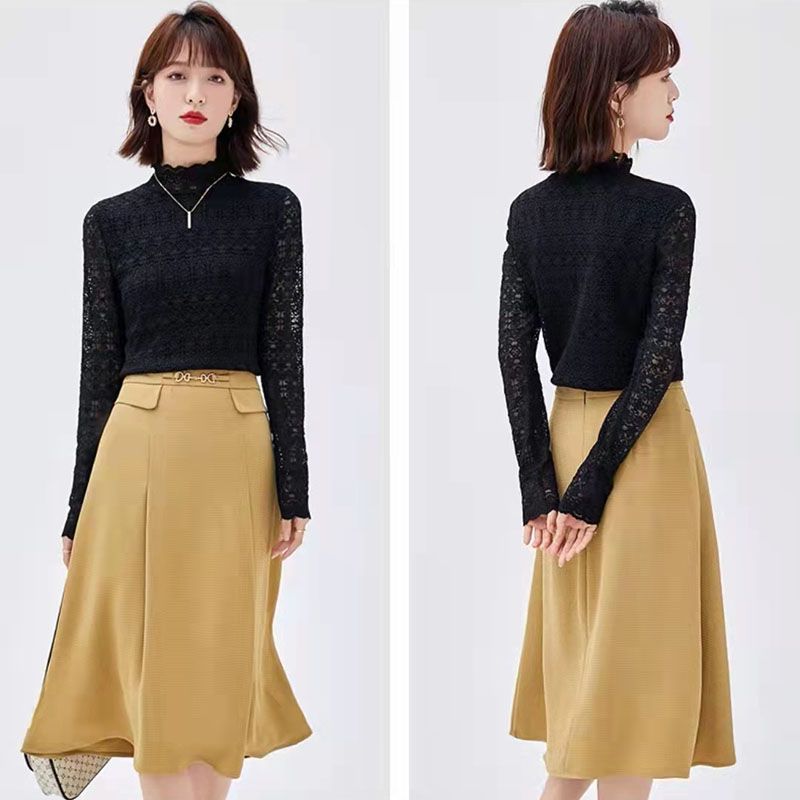 2021 nuevo temperamento de cuello alto de encaje legging vestido versátil para mujeres details Picture