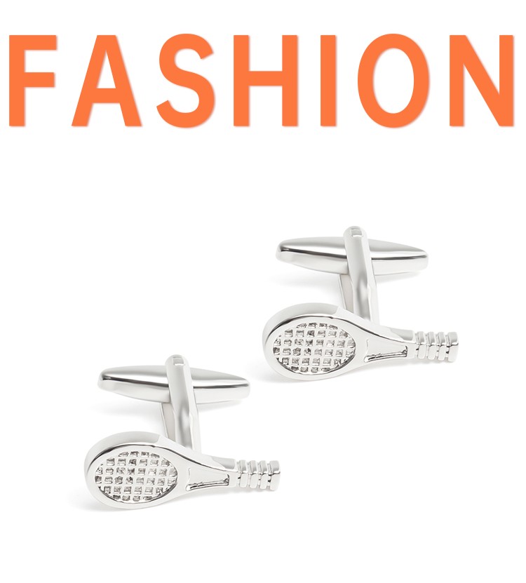 In stock, there are fun tennis racket cufflinks with smooth metal cuffs and men's business casual French shirt cuffs detail image 1