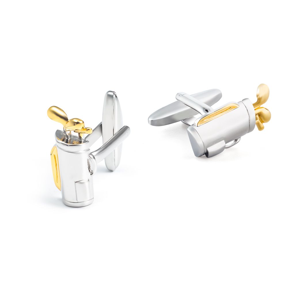 Gold and silver golf bag-shaped smooth cufflinks, metal cuffs with studs, men's French shirt cufflinks details Picture
