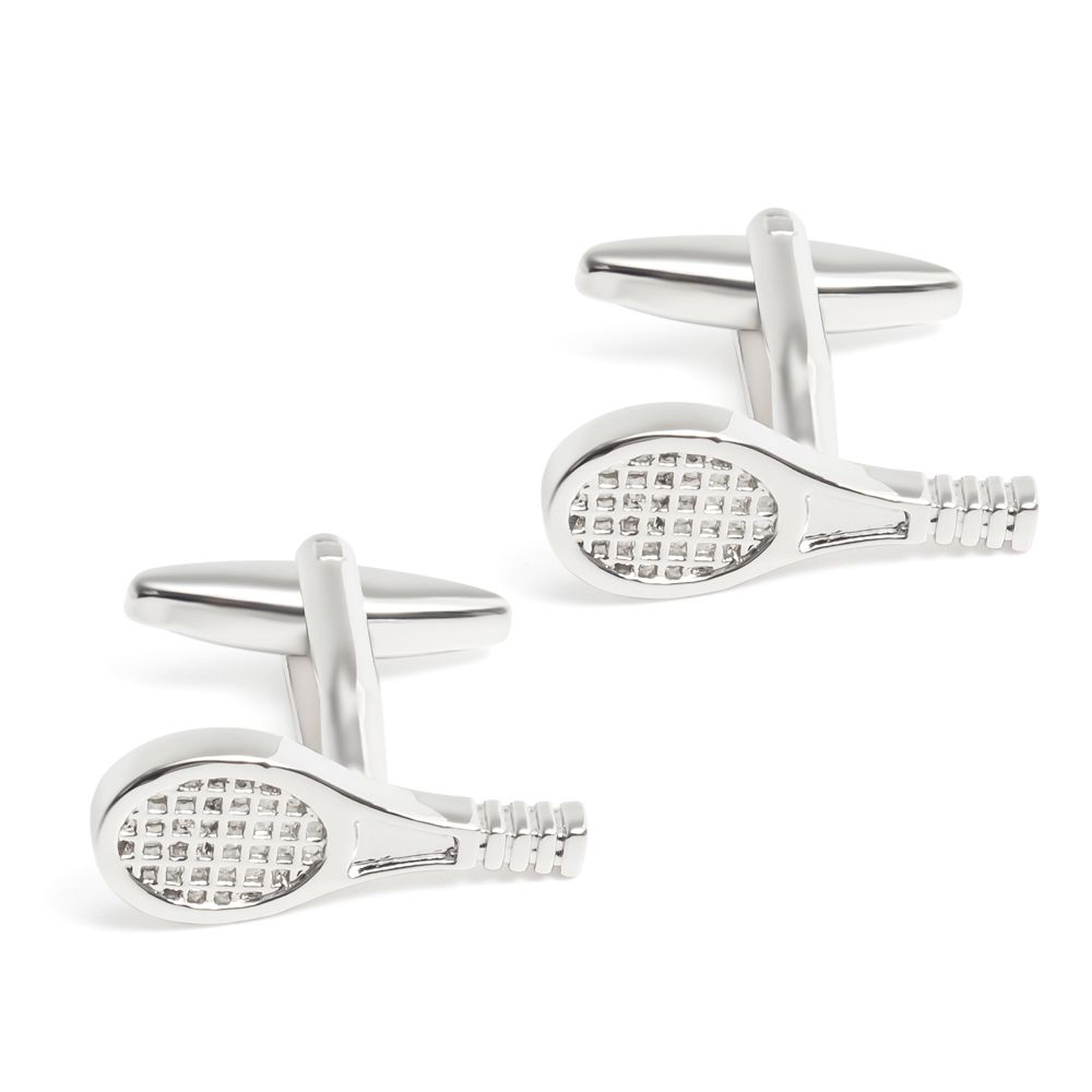 In stock, there are fun tennis racket cufflinks with smooth metal cuffs and men's business casual French shirt cuffs details Picture