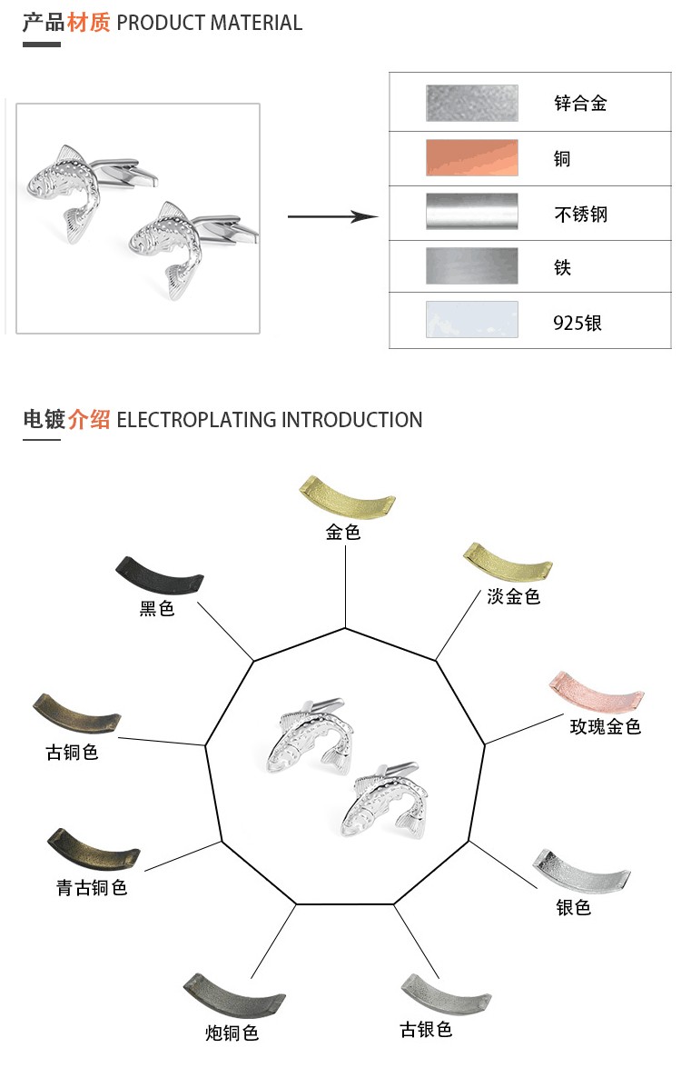 趣味鱼造型光面动物金属袖扣 男士法式衬衫袖口钮袖钉cufflinks详情图4