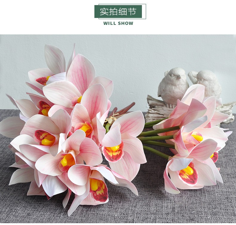 Simulated flower bouquets of Cymbidium goeringii, 4-head hand-tied Cymbidium goeringii 3D printed high-end silk flowers for home soft decoration and arrangement wholesale detail image 3