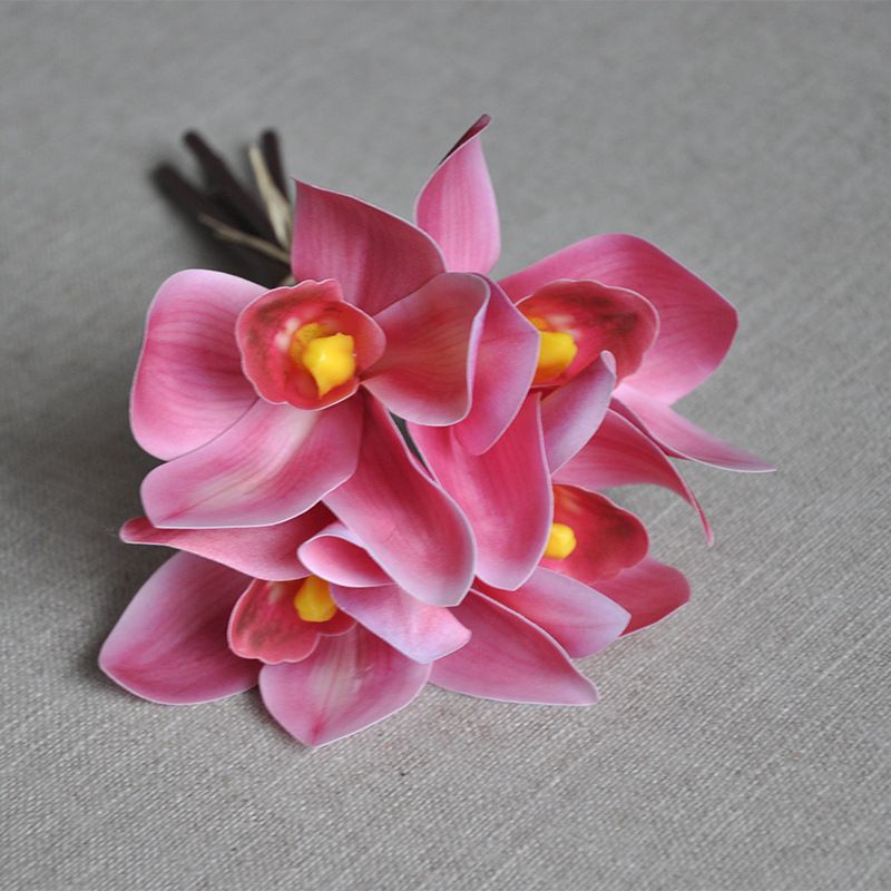 Simulated flower bouquets of Cymbidium goeringii, 4-head hand-tied Cymbidium goeringii 3D printed high-end silk flowers for home soft decoration and arrangement wholesale