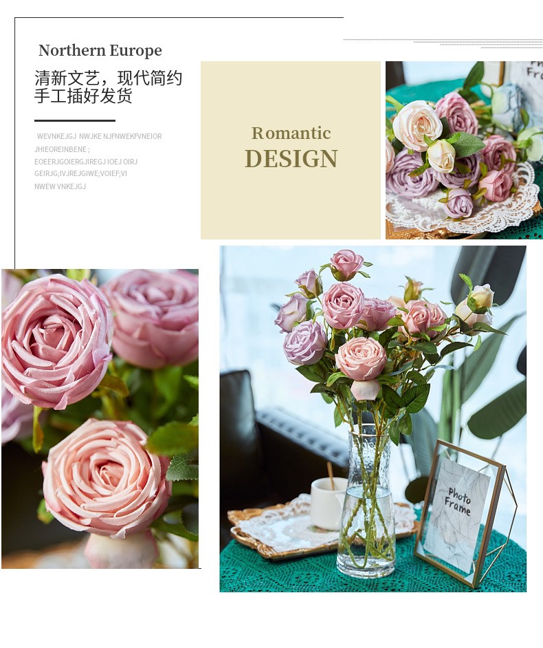 Wholesale and retail of 3-head imperial rose artificial flowers, artificial rose for dining tables, artificial flowers for rural soft furnishings, and silk flowers detail image 3