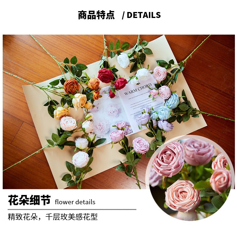 Wholesale and retail of 3-head imperial rose artificial flowers, artificial rose for dining tables, artificial flowers for rural soft furnishings, and silk flowers detail image 7
