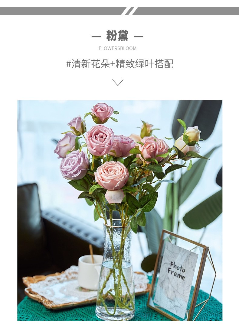 Wholesale and retail of 3-head imperial rose artificial flowers, artificial rose for dining tables, artificial flowers for rural soft furnishings, and silk flowers detail image 8
